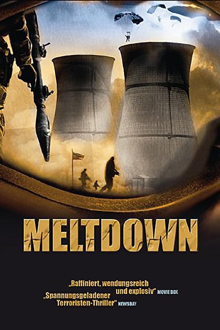 Das Filmplakat für „Meltdown“ zeigt Terroristen, Kühltürme und Fallschirmspringer.