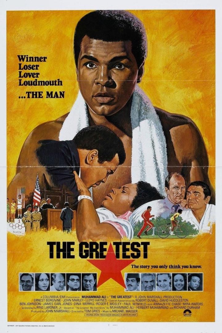 Das Filmplakat für „The Greatest“ zeigt Muhammad Ali als Boxer und wichtige Momente seines Lebens.