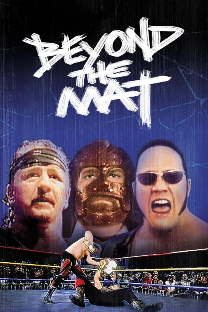 Das Filmplakat für „Beyond the Mat“ zeigt Wrestler im Ring und Porträts von Mick Foley, Jake Roberts und Terry Funk.