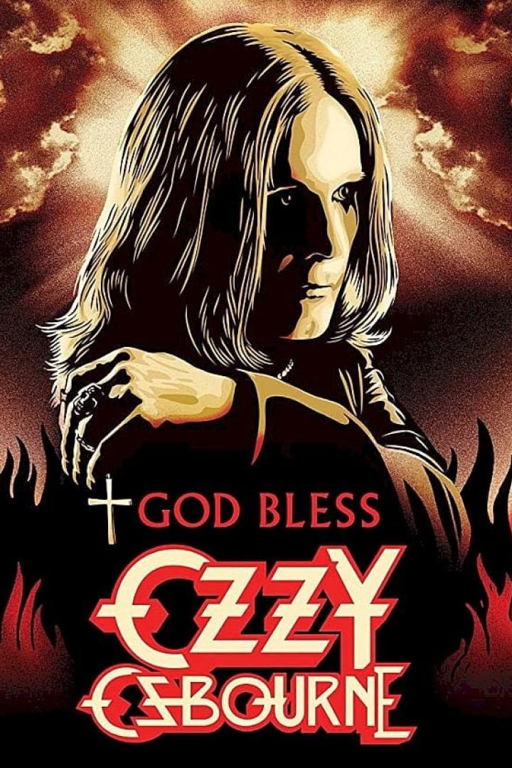 Ein stilisierte Darstellung von Ozzy Osbourne vor einem Hintergrund aus Flammen und Wolken.