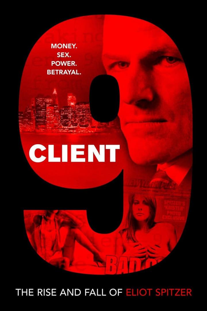 Das Filmplakat für „Client 9: The Rise and Fall of Eliot Spitzer“ zeigt ein Gesicht und New Yorker Skyline in Rot.