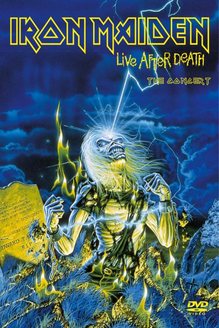 Das Cover von Iron Maidens „Live After Death“ zeigt Eddie mit Ketten vor einem Friedhof bei Gewitter.