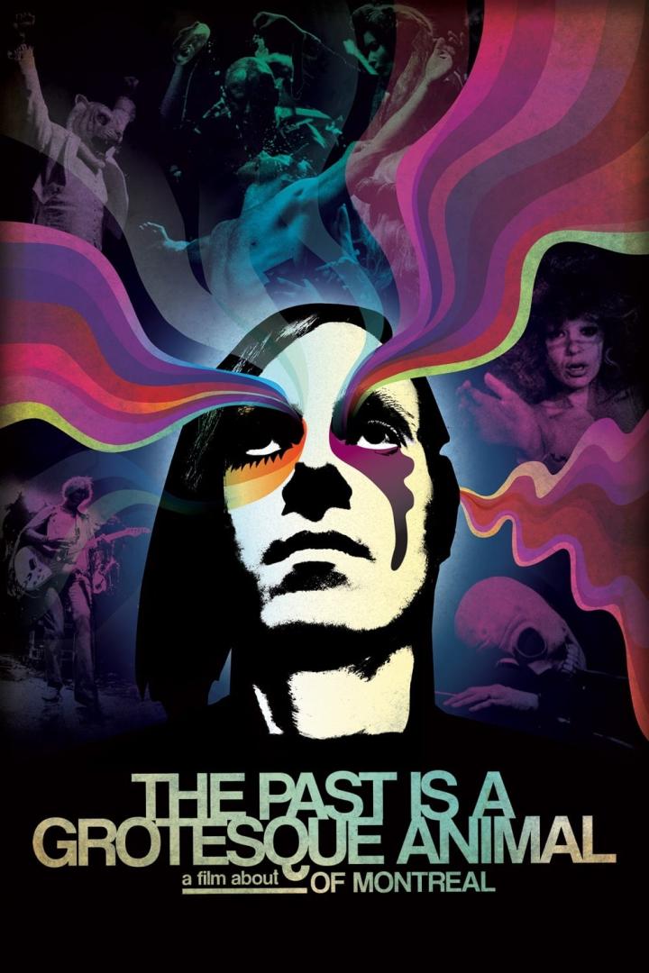 Das Filmplakat für „The Past Is a Grotesque Animal“ zeigt ein Gesicht mit bunten, psychedelischen Elementen.