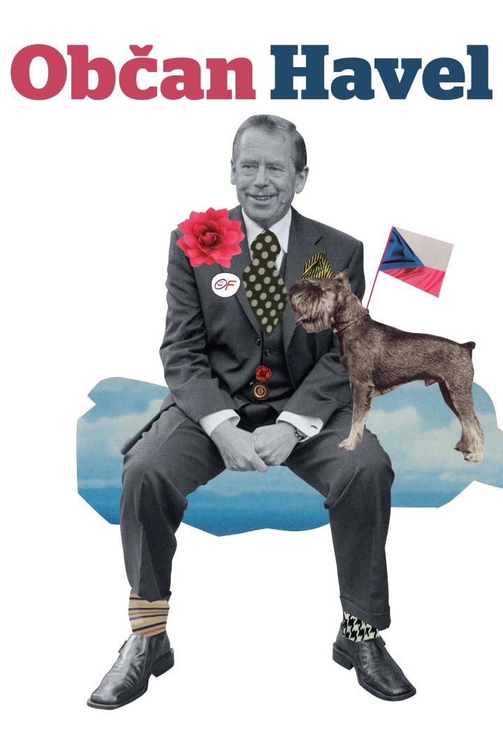 Eine Collage von Václav Havel mit einem Hund und der tschechischen Flagge.