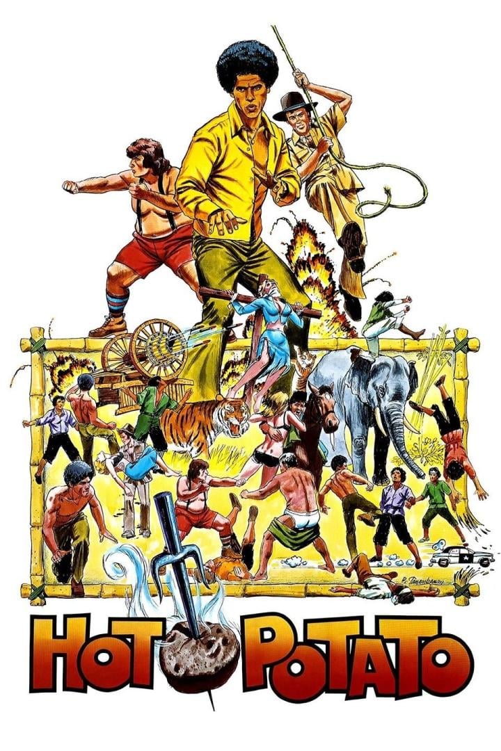 Das Filmplakat für „Hot Potato“ zeigt eine actionreiche Szene mit vielen Kämpfern, einem Tiger und einem Elefanten.