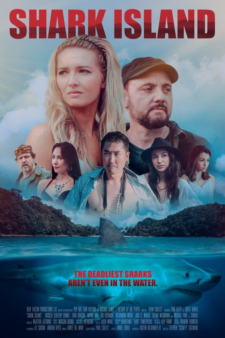Das Filmplakat für „Shark Island“ zeigt eine Gruppe von Menschen und einen Hai.