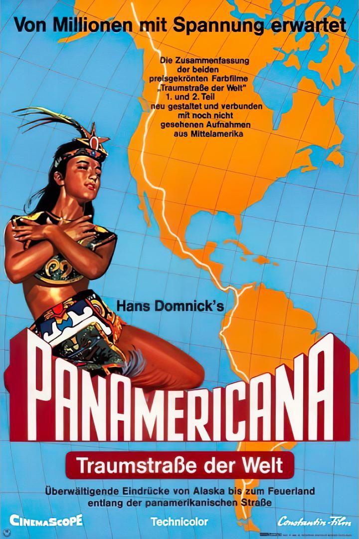 Das Filmplakat für „Panamericana – Traumstraße der Welt“ zeigt eine indigene Frau vor einer Karte Amerikas.