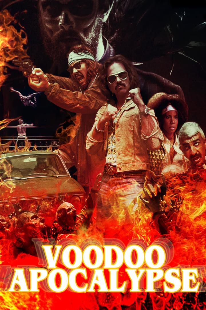 Das Filmplakat für „Voodoo Apocalypse“ zeigt bewaffnete Personen, Zombies und Flammen.