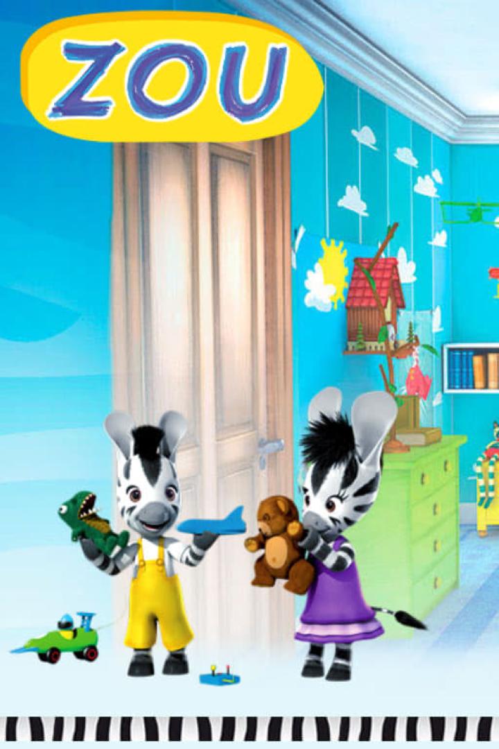 Zwei Zebras spielen in einem Kinderzimmer mit Spielzeug.