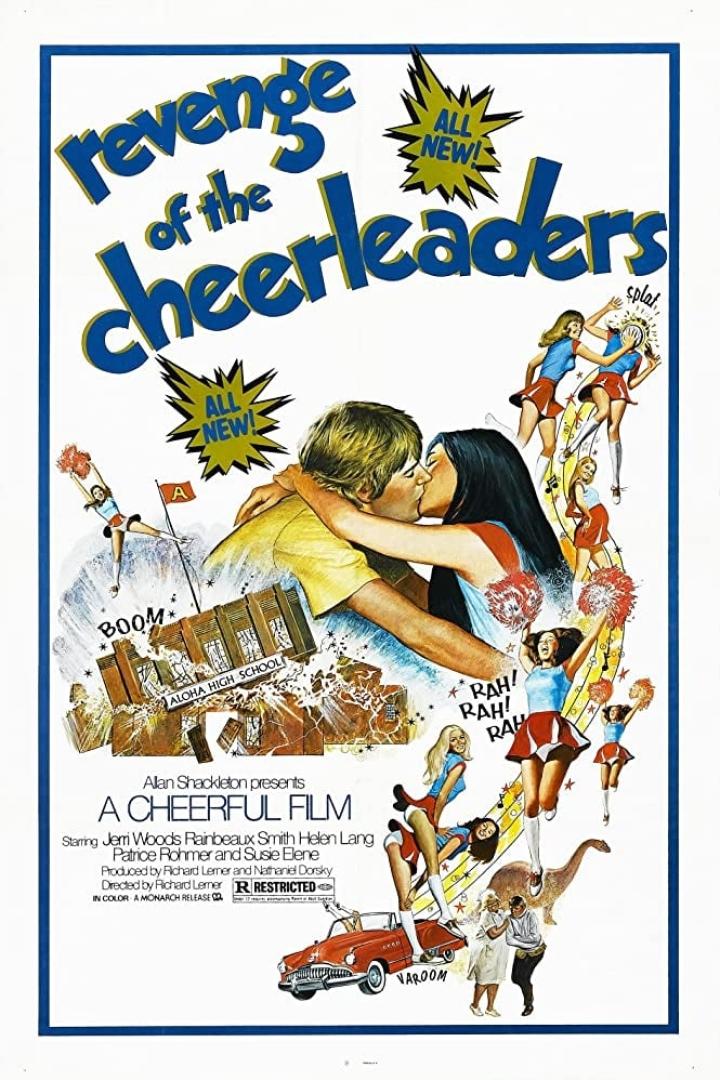Das Filmplakat für „Revenge of the Cheerleaders“ zeigt ein küssendes Paar vor Cheerleadern und einer Highschool.