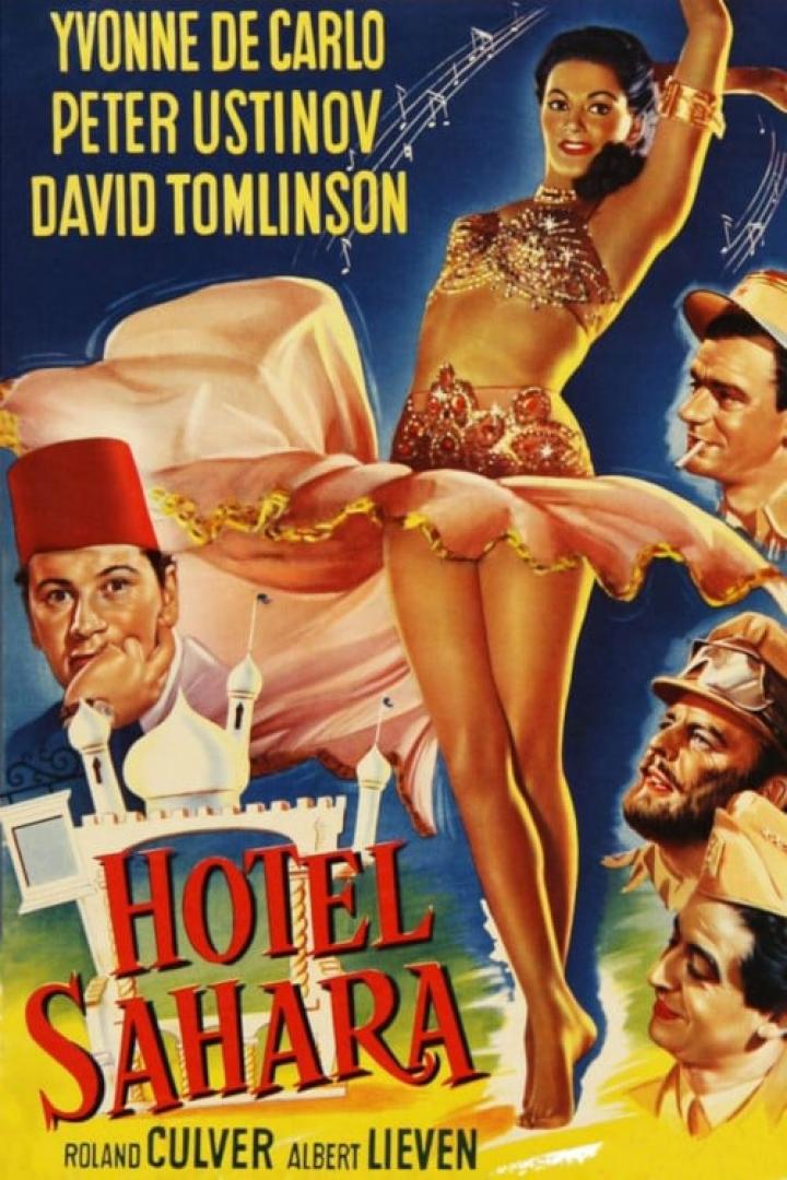 Das Filmplakat für „Hotel Sahara“ zeigt Yvonne De Carlo als Bauchtänzerin.