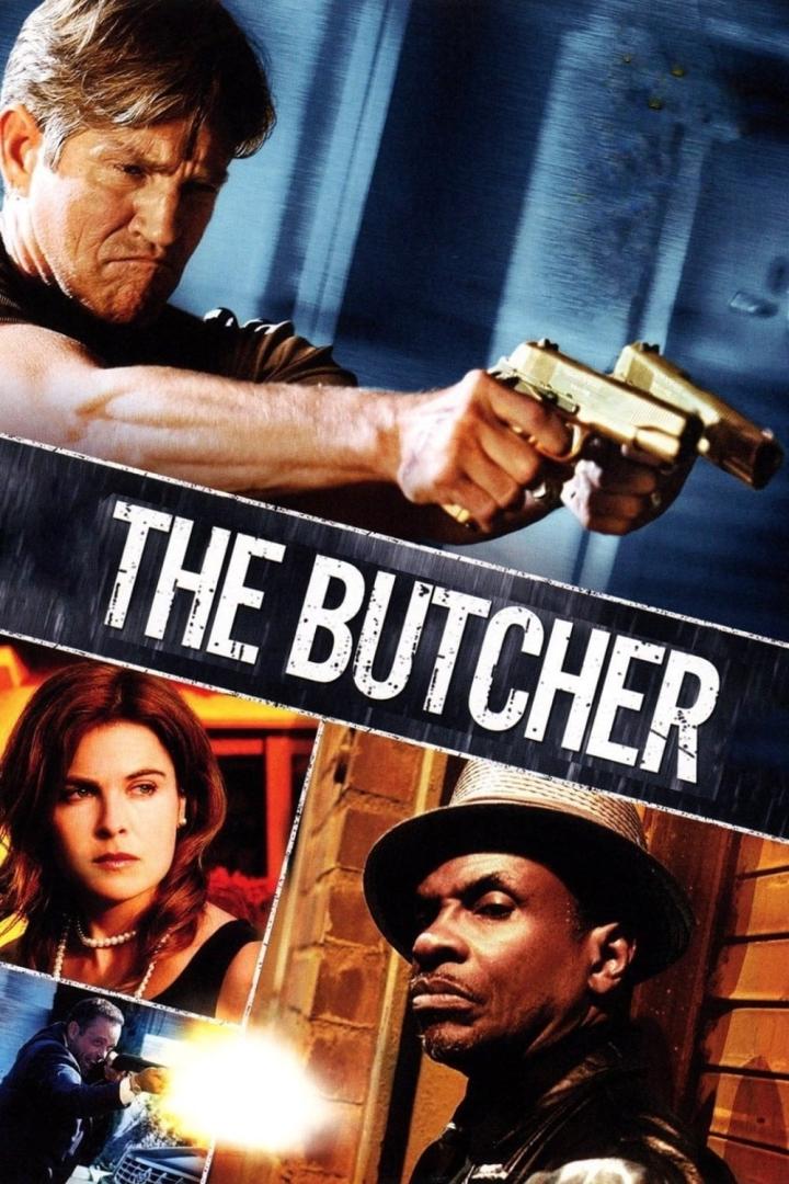 Das Filmplakat für „The Butcher“ zeigt einen Mann mit zwei goldenen Pistolen.