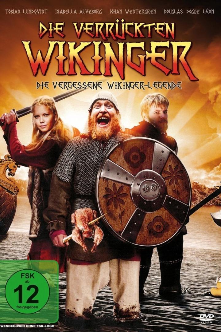 Das Filmplakat für „Die verrückten Wikinger“ zeigt drei Wikinger, von denen einer einen Brathähnchen auf einem Spieß hält.