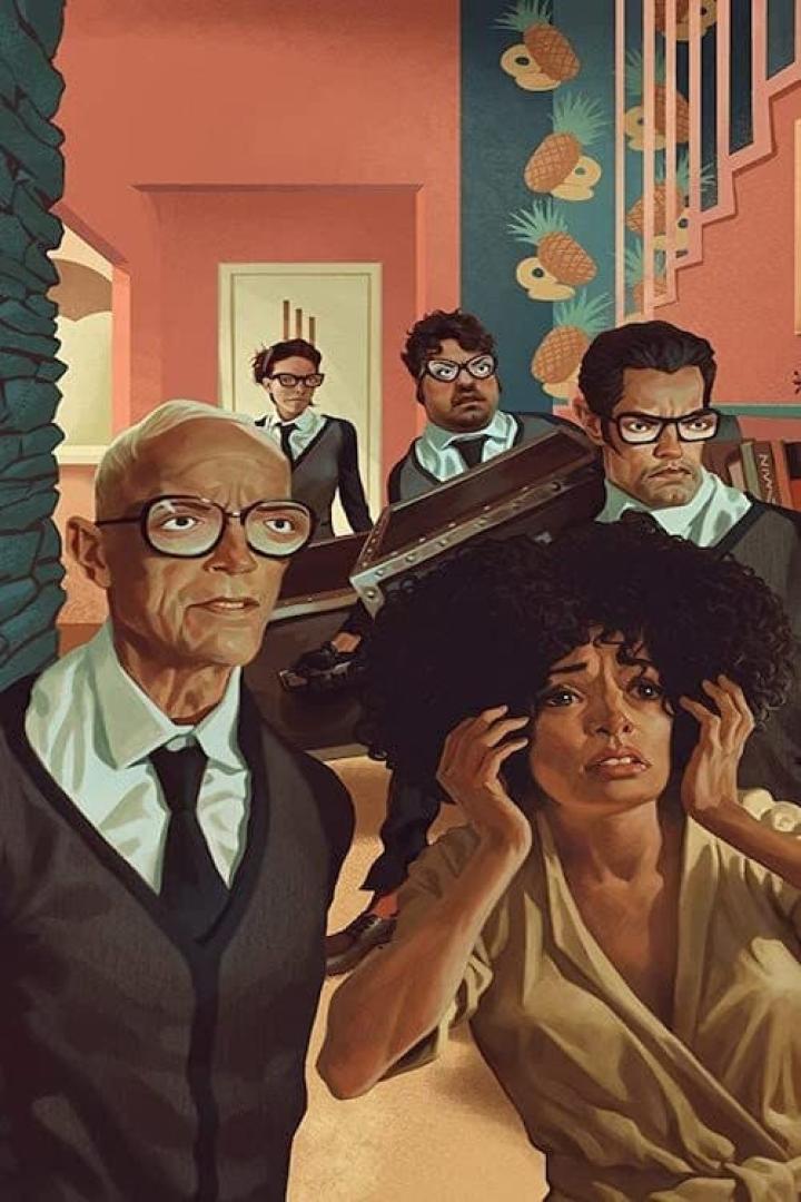 Eine verängstigte Frau wird von mehreren Männern in Anzügen mit Brillen umgeben.