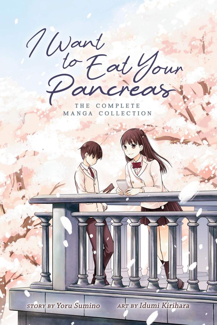 Cover des Manga „I Want to Eat Your Pancreas“ mit zwei Highschool-Schülern vor einem Kirschblütenhintergrund.