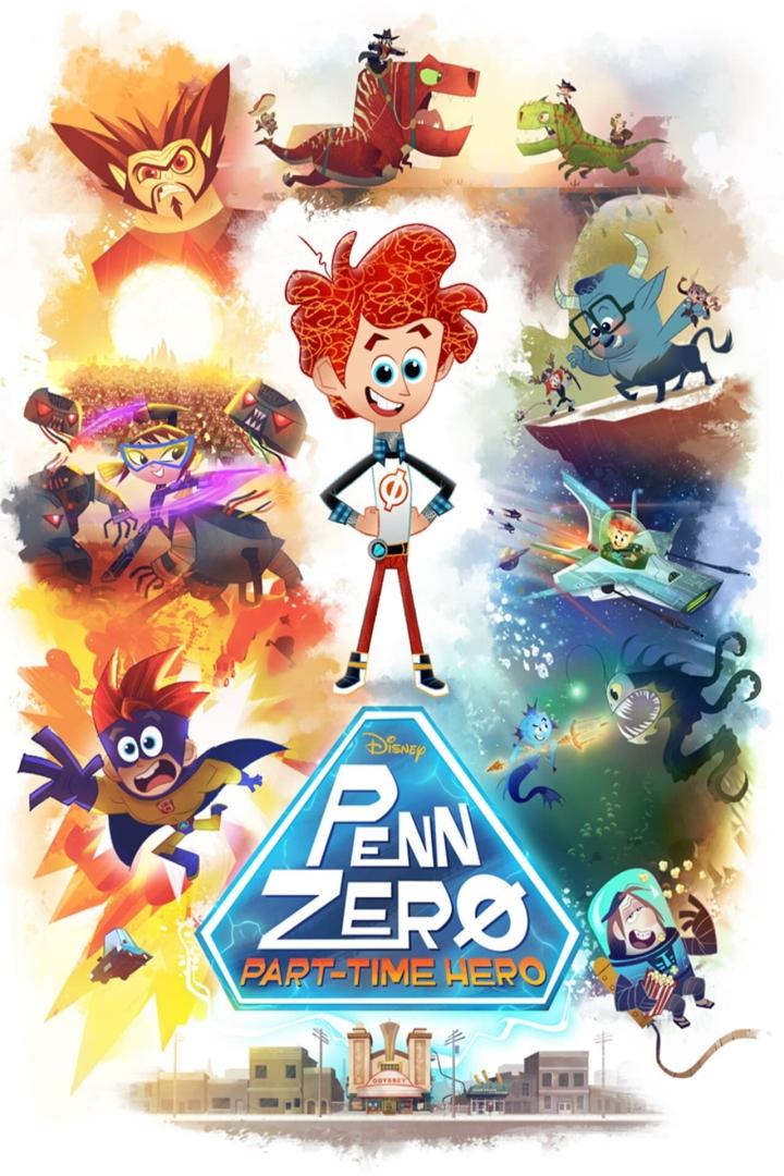 Das Poster für die Disney-Serie „Penn Zero: Teilzeitheld“ zeigt Penn inmitten verschiedener Abenteuer.