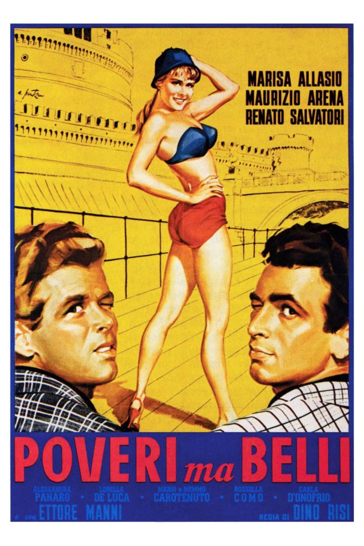 Das Filmplakat für „Poveri ma belli“ zeigt eine Frau im Bikini zwischen zwei Männern.