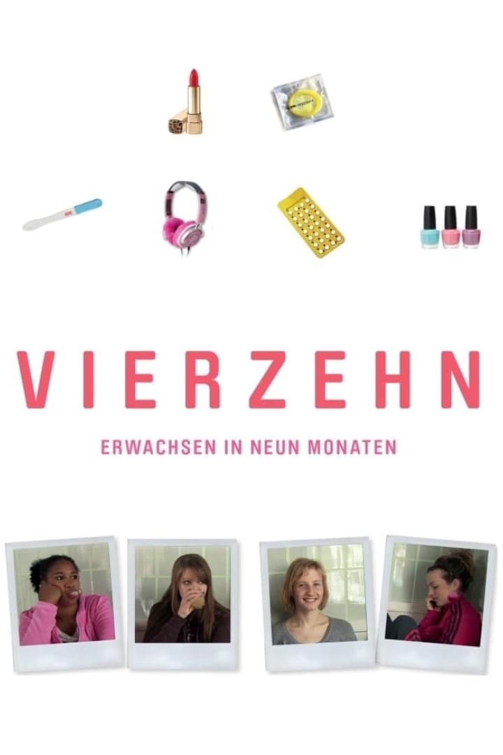 Das Filmplakat für „Vierzehn“ zeigt Teenager-Accessoires und vier junge Frauen.