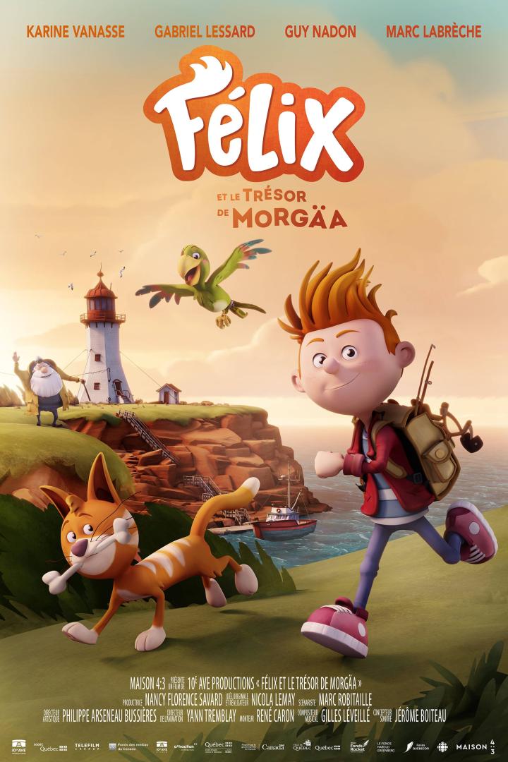 Ein animiertes Filmplakat für „Félix et le trésor de Morgäa“ mit Félix, einer Katze und einem Papagei vor einer Küstenlandschaft.