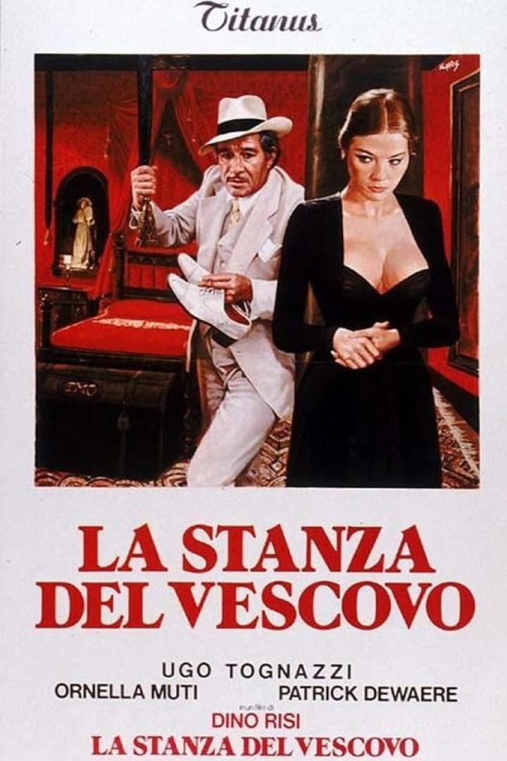 Das Filmplakat für „La Stanza del Vescovo“ zeigt Ugo Tognazzi und Ornella Muti.