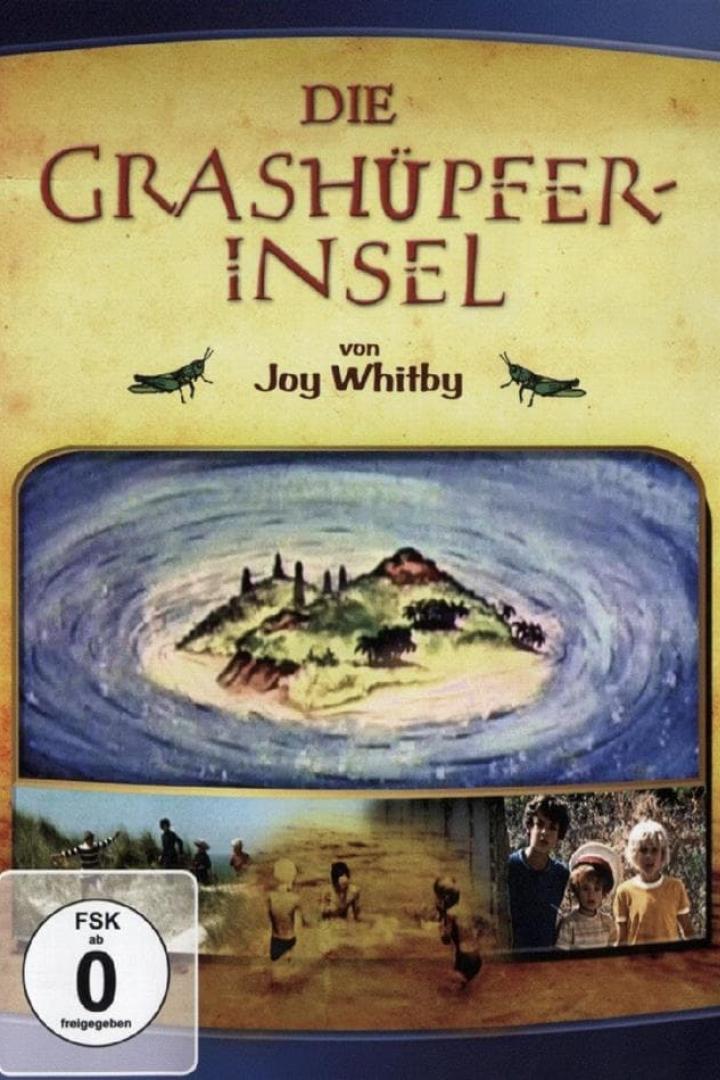 Das Cover des Films „Die Grashüpfer-Insel“ von Joy Whitby mit einer gemalten Insel und Kindern am Strand.