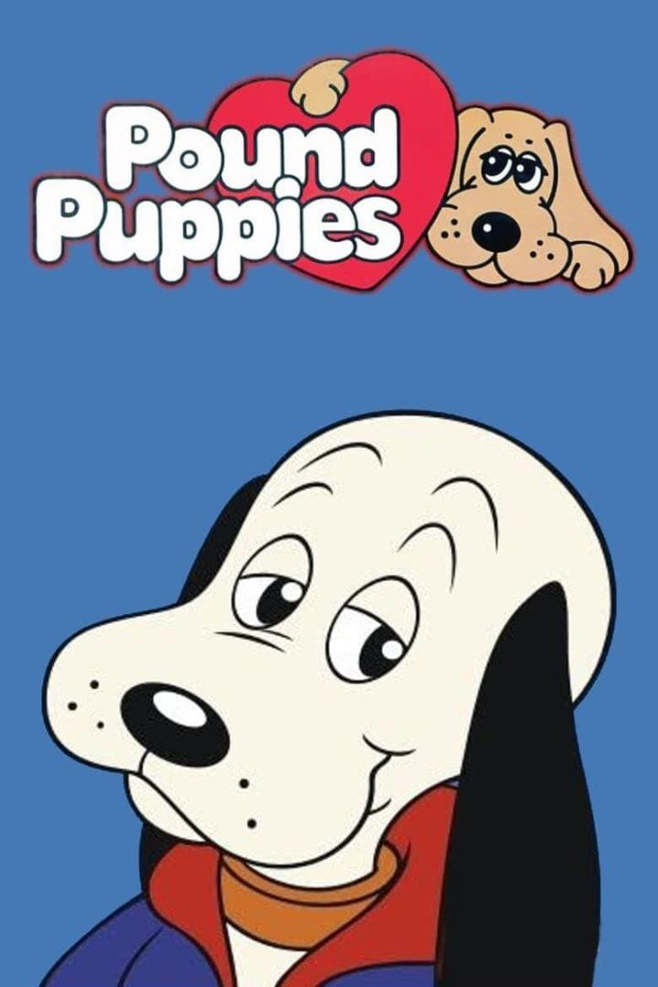 Das Logo der Zeichentrickserie „Pound Puppies“ mit einem großen Hund im Vordergrund.