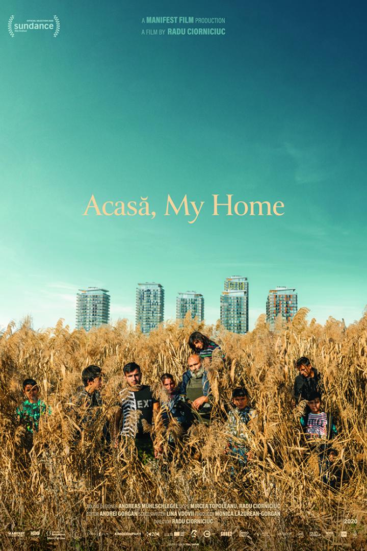 Das Filmplakat für „Acasă, My Home“ zeigt eine Familie im Schilf vor Hochhäusern.