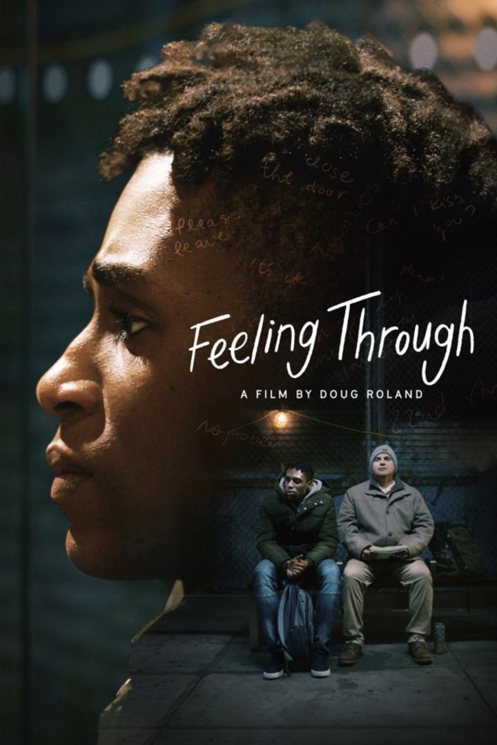 Das Filmplakat für „Feeling Through“ von Doug Roland zeigt zwei Männer, die an einer Bushaltestelle sitzen.