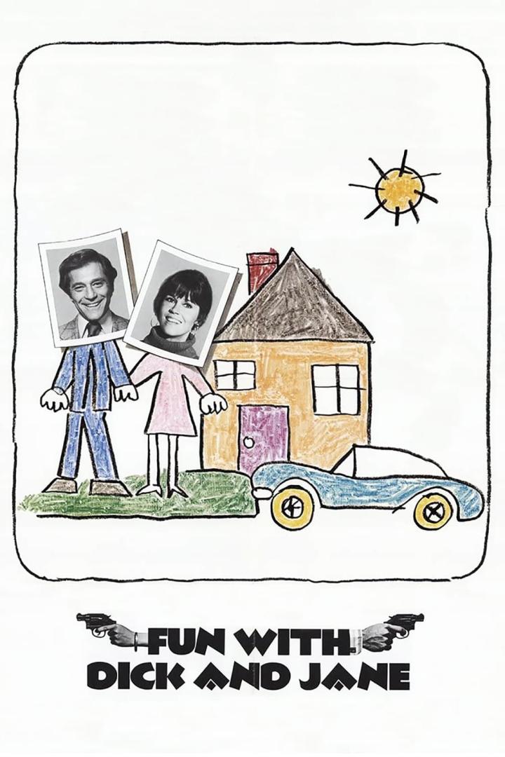 Das Filmplakat für „Fun with Dick and Jane“ zeigt eine kindliche Zeichnung mit Fotos der Hauptdarsteller.