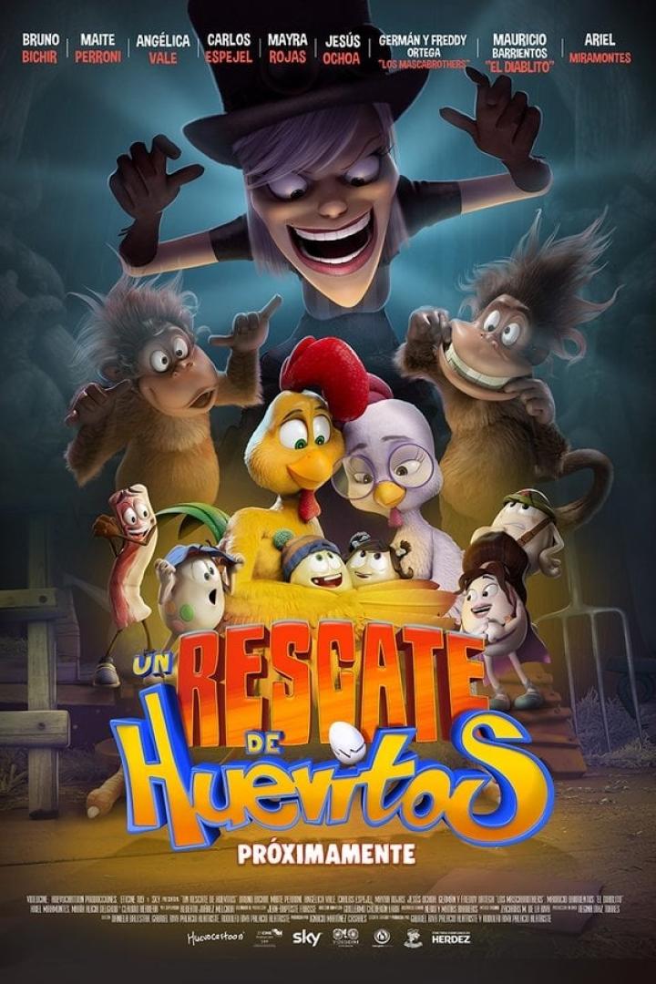 Das Filmplakat für „Un rescate de Huevitos“ zeigt animierte Charaktere, darunter Hühner, Eier und Affen.