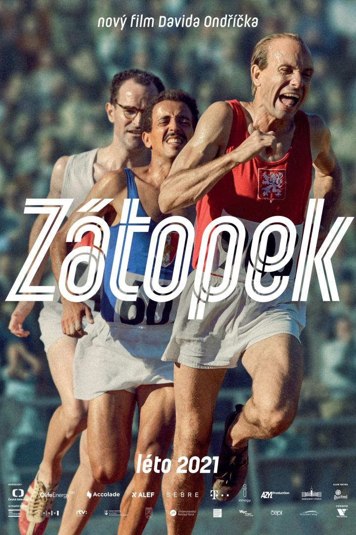 Das Filmplakat für „Zátopek“ zeigt drei Läufer in Sportkleidung.