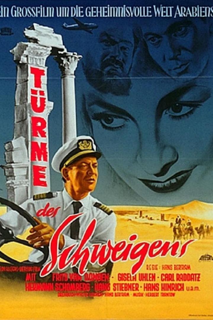Das Filmplakat für „Türme des Schweigens“ zeigt einen Kapitän und eine Wüstenszene.