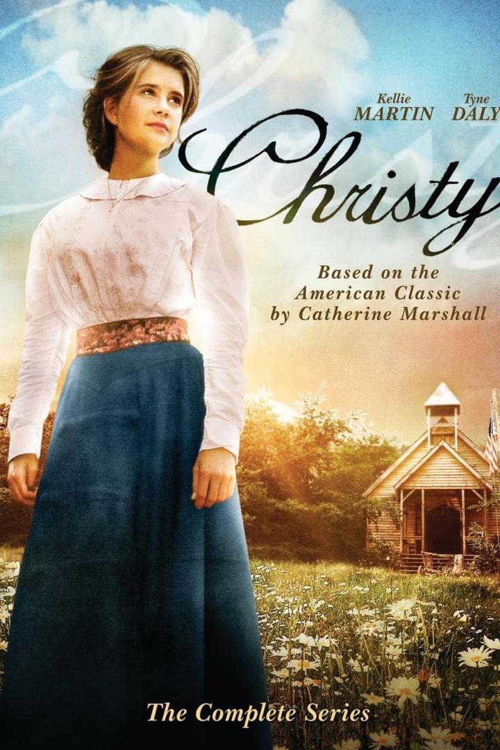Das Filmplakat für „Christy“ zeigt Kellie Martin vor einer ländlichen Szene mit einer kleinen Kirche.