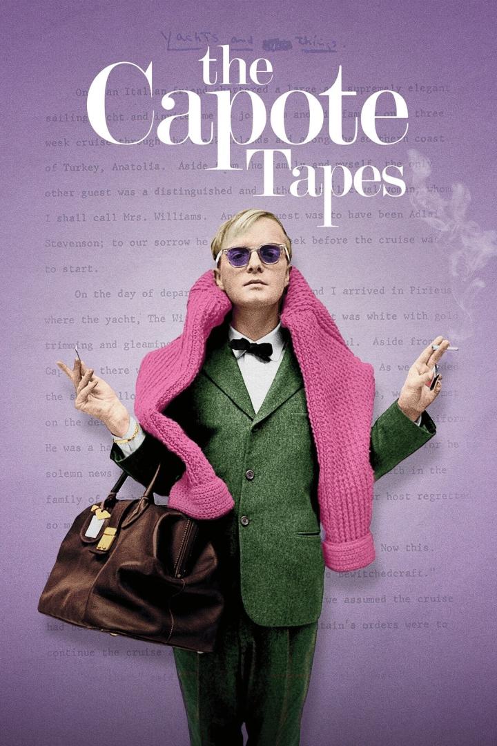 Das Filmplakat zu „The Capote Tapes“ zeigt einen Mann mit Sonnenbrille, Schal und Zigarette vor lila Hintergrund.