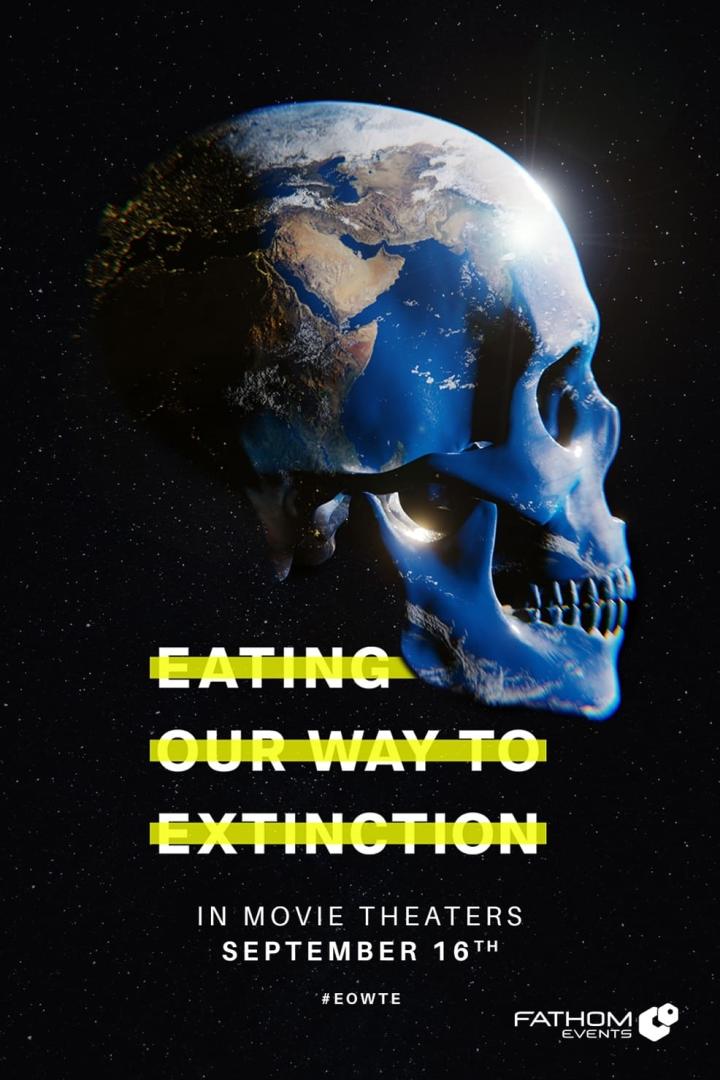 Das Poster für „Eating Our Way to Extinction“ zeigt einen Totenkopf mit der Erde als Oberfläche.