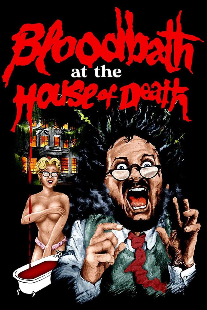 Das Cover des Films „Bloodbath at the House of Death“ zeigt einen schreienden Mann, eine Frau und ein blutiges Badezimmer.