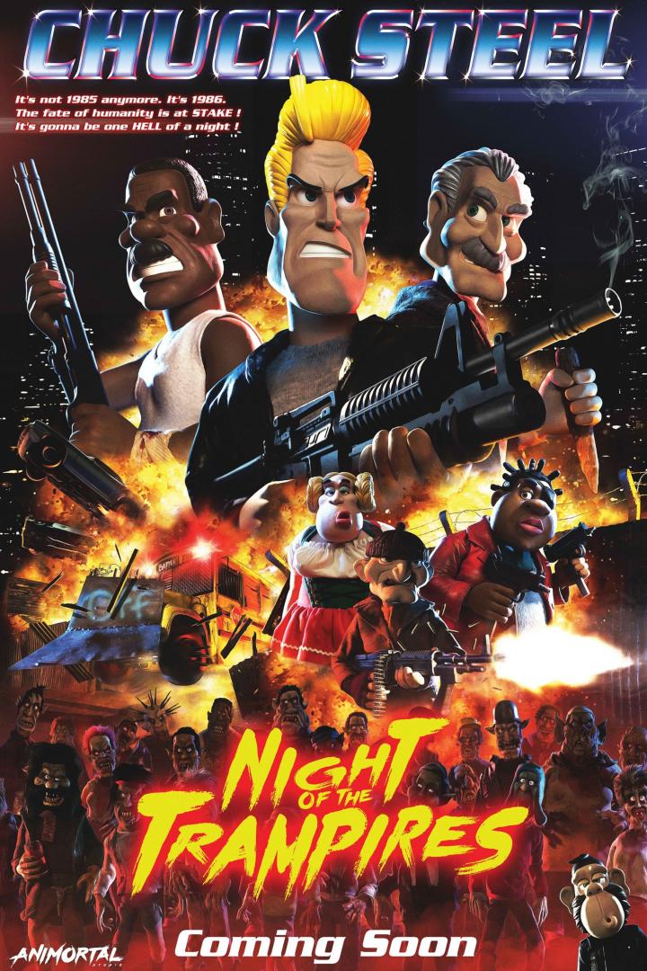 Das Filmplakat für „Chuck Steel: Night of the Trampires“ zeigt bewaffnete Figuren vor einer apokalyptischen Stadtlandschaft.