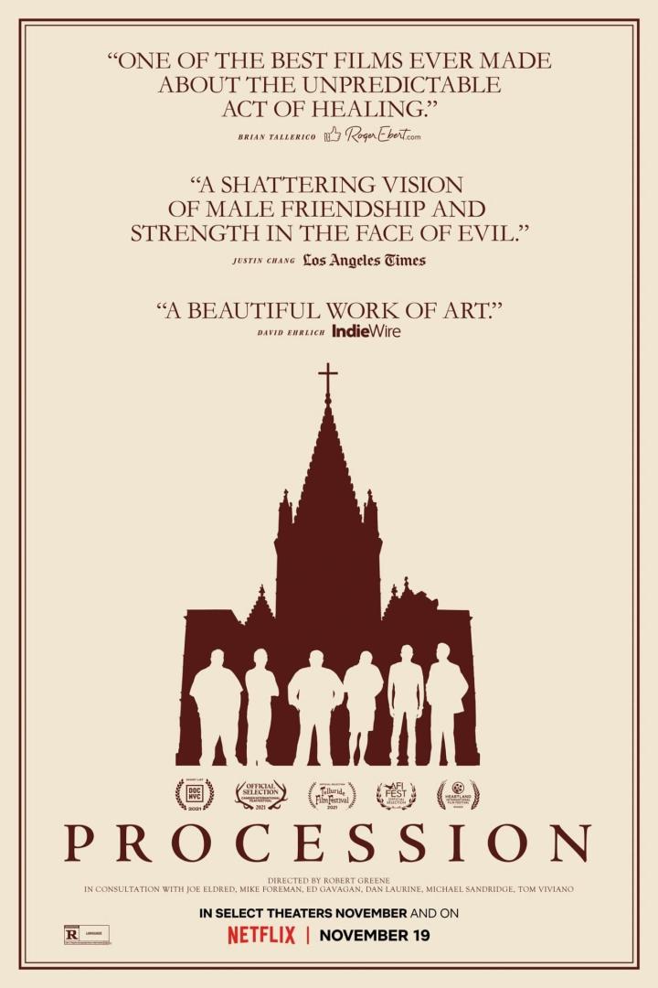 Das Filmplakat für „Procession“ zeigt eine stilisierte Silhouette einer Kirche und sechs Männer.