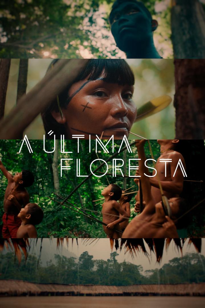 Ein Collagenbild aus dem Film „A Última Floresta“ mit indigenen Personen im Amazonasgebiet.