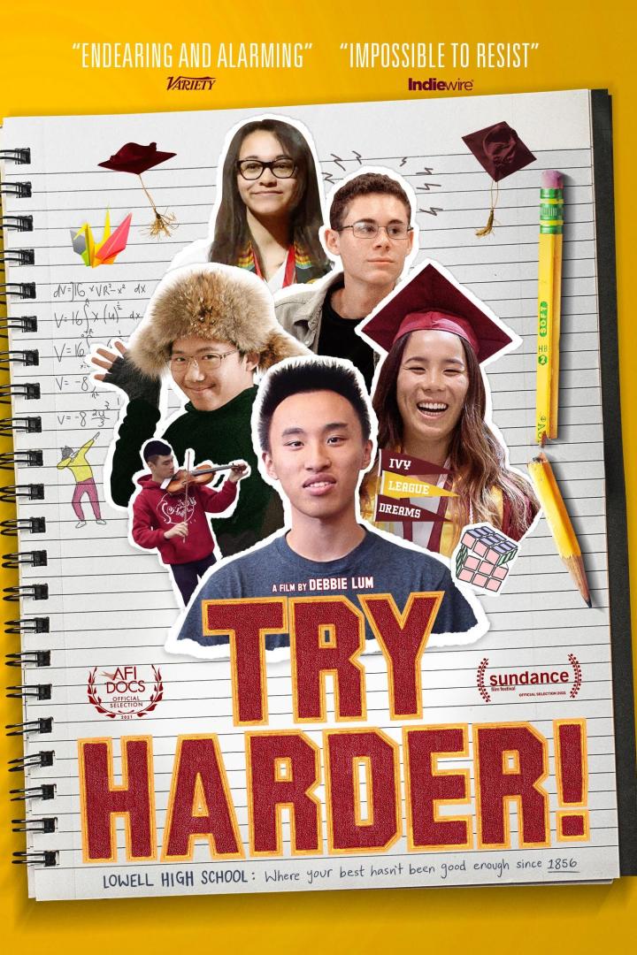 Das Filmplakat für „Try Harder!“ zeigt eine Collage von Schülern vor einem Notizbuch-Hintergrund.