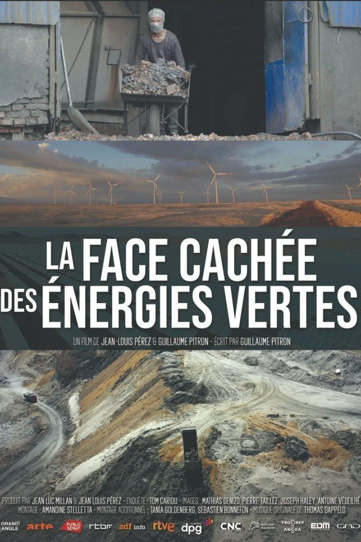 Das Filmplakat für „La Face cachée des énergies vertes“ zeigt einen Arbeiter, Windräder und eine Minenlandschaft.