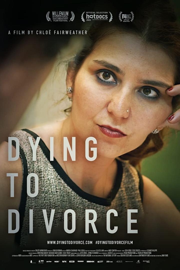 Das Filmplakat zu „Dying to Divorce“ zeigt das Porträt einer Frau mit ernstem Blick.