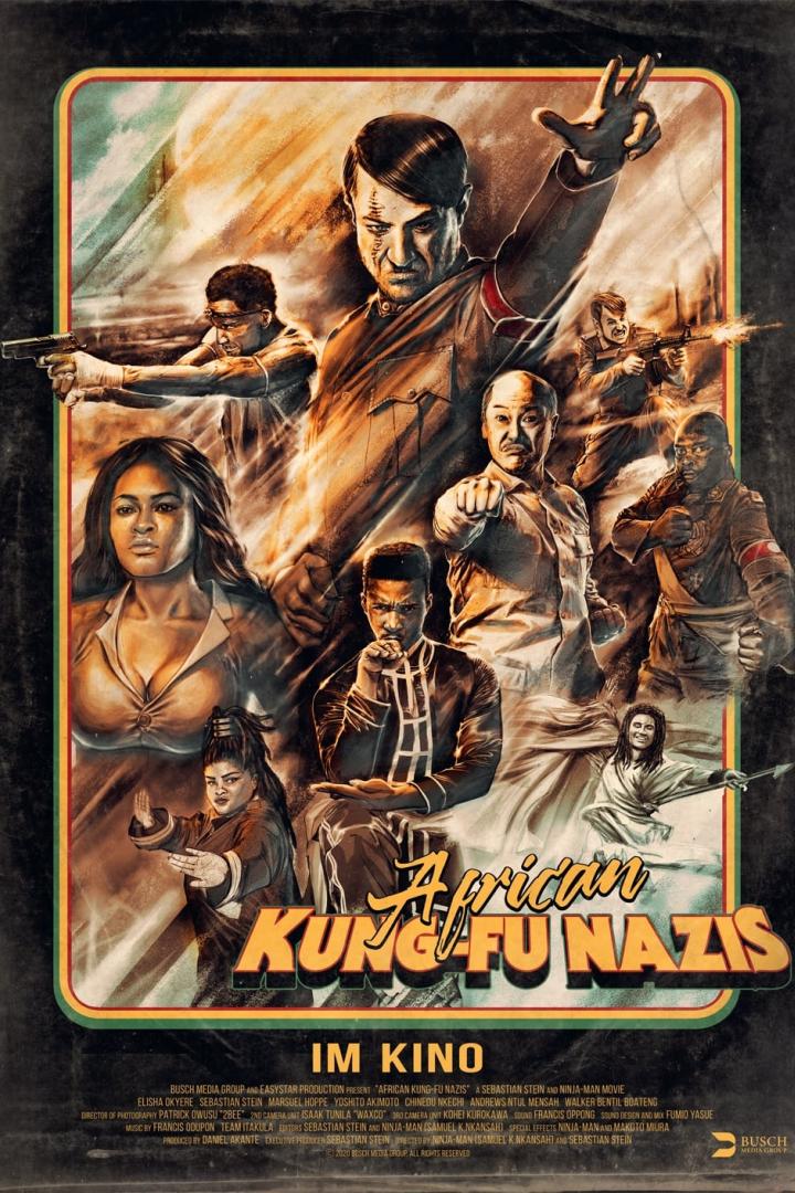 Das Filmplakat für „African Kung-Fu Nazis“ zeigt eine Collage von Figuren, darunter eine stilisierte Hitler-Figur.