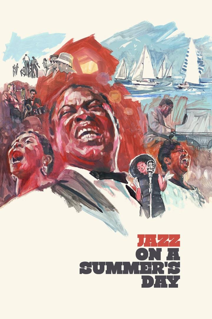 Das Cover des Films „Jazz an einem Sommerabend“ zeigt Musiker und Segelboote.