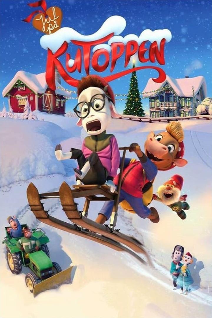 Das animierte Filmplakat für „Jul på Kutoppen“ zeigt eine aufregende Schlittenfahrt im Schnee.