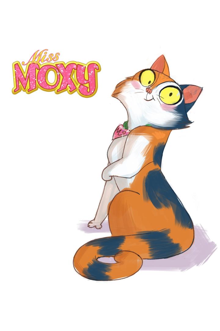 Eine Cartoon-Katze namens Miss Moxy mit verschränkten Armen und einem rosa Halstuch.