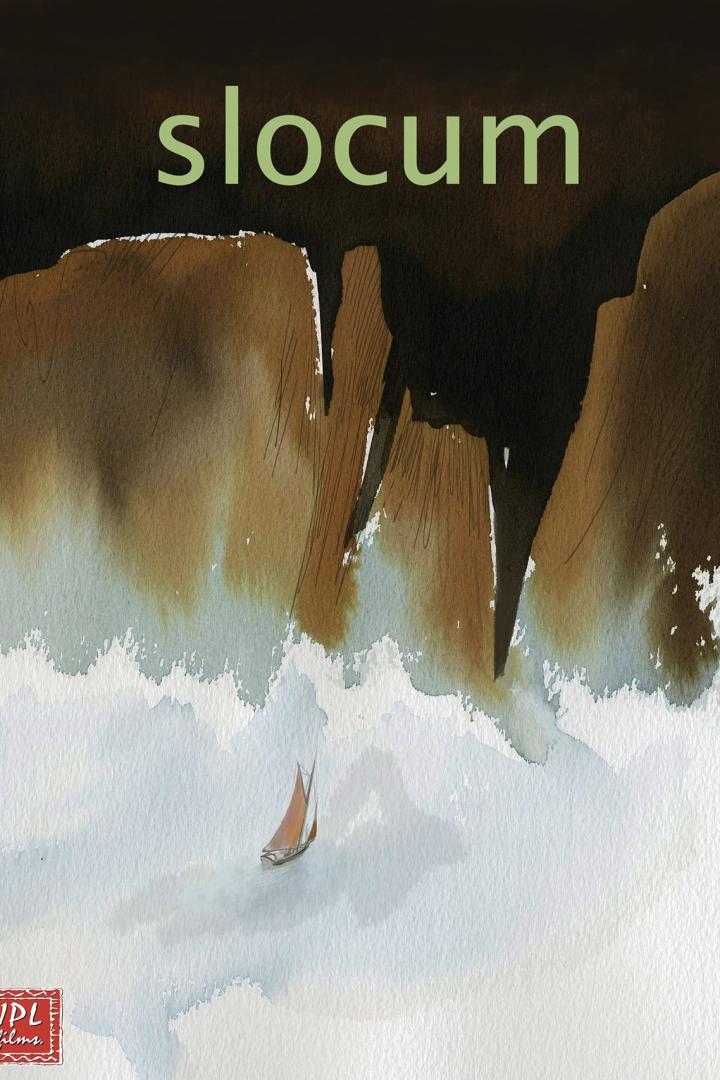 Aquarellmalerei mit dem Titel „Slocum“ und einem Segelboot auf dem Wasser.