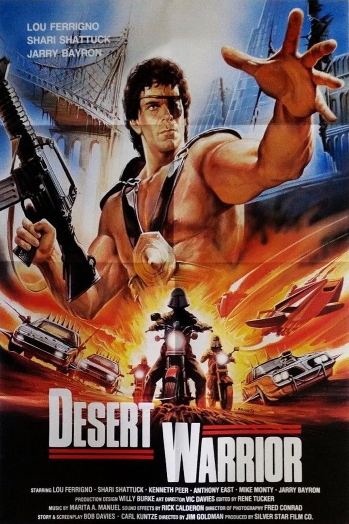 Das Filmplakat für „Desert Warrior“ zeigt Lou Ferrigno mit einer Waffe in der Hand.