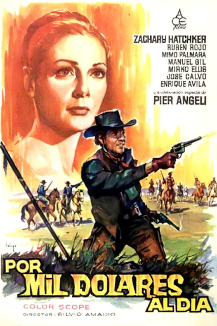 Ein Cowboy zieht seine Waffe, im Hintergrund eine Frau und weitere Reiter; Filmposter.