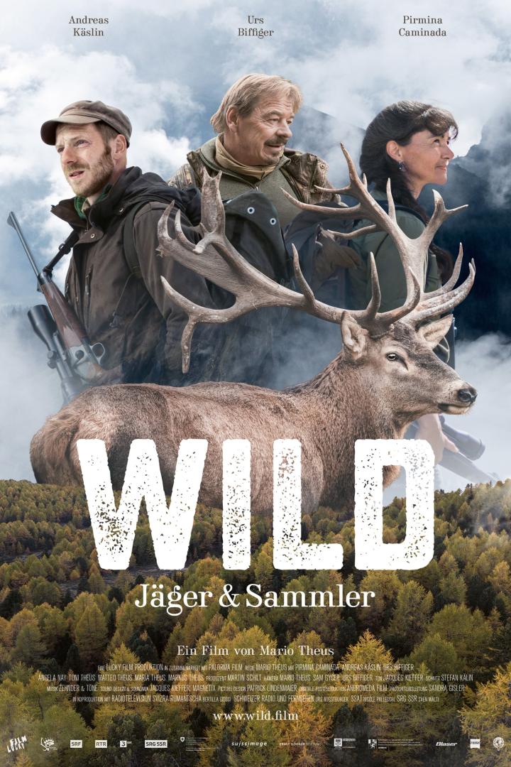 Das Filmplakat für „Wild: Jäger & Sammler“ zeigt drei Jäger und einen Hirsch.